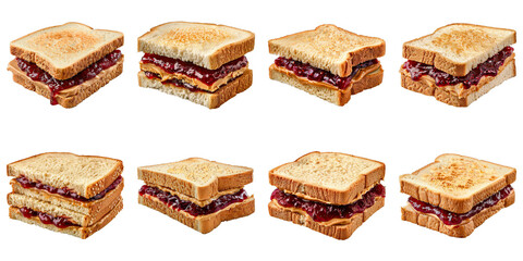 Set of Peanut Butter And Jelly Sandwich isolated on transparent png background. Generative ai