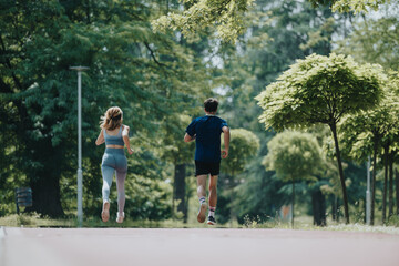 Obraz premium Young couple running outdoors in a green park on a sunny summer day, enjoying fitness and nature.