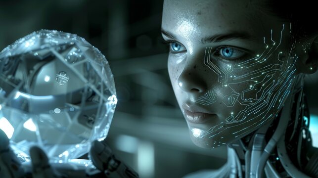 Futuristic cyborg with glowing circuit board face