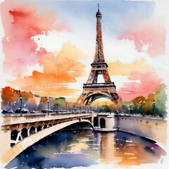 Watercolor painting of a famous landmark, such as the Eiffel Tower, at sunset
