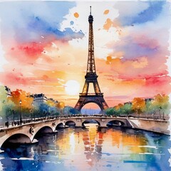 Watercolor painting of a famous landmark, such as the Eiffel Tower, at sunset