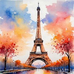 Watercolor painting of a famous landmark, such as the Eiffel Tower, at sunset