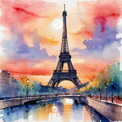 Watercolor painting of a famous landmark, such as the Eiffel Tower, at sunset