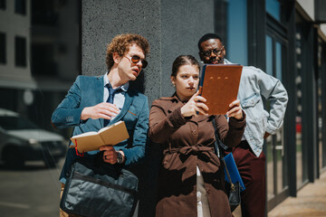 Young professionals in smart attire examining and discussing content on a tablet outside modern office buildings.