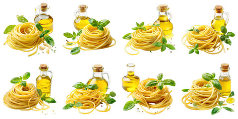 Set of Spaghetti With Olive Oil And Herbs isolated on transparent png background. Generative ai