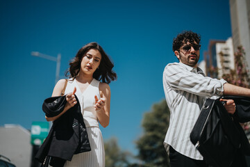 Business professionals of different ages engage in a discussion on work strategies and profitability in a bustling city environment.