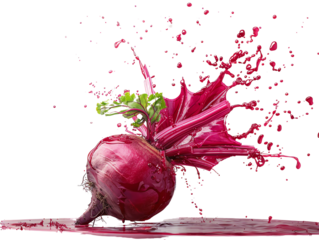 Vibrant red beetroot splashing with juice, isolated on a white background. Fresh vegetable with high detail for food photography and artistic projects.
