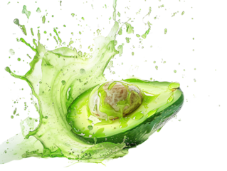 Fresh avocado half exploding in vibrant green splash, capturing the essence of healthy eating and natural freshness.
