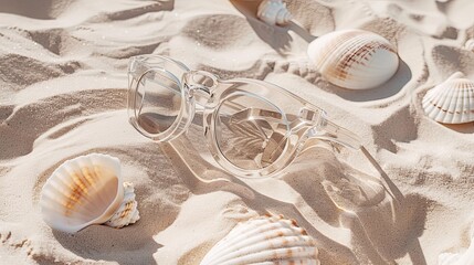 Sleek and stylish minimalist display of transparent sunglasses and seashells on a sandy background, capturing the essence of summer