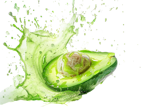 Fresh avocado half exploding in vibrant green splash, capturing the essence of healthy eating and natural freshness.