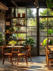 Obraz premium Cozy and Rustic Coffee Shop Interior with Wooden Furniture and Lush Greenery