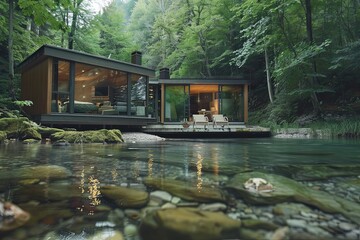 Obraz premium Experience the beauty of summer with a modern smart home in the forest and a clear river nearby