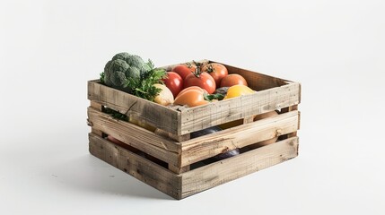 Wooden box with vegtables isolated on white background