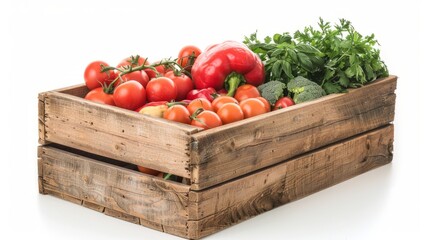 Wooden box with vegtables isolated on white background