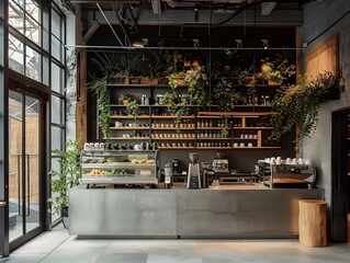 Cozy and Inviting Coffee Shop Interior with Industrial Chic Decor and Greenery