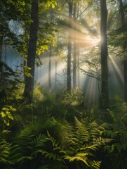 Obraz premium Enchanting forest scene with sunbeams shining through the trees