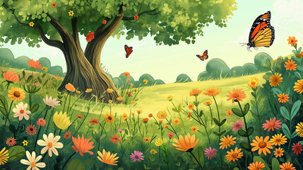 Colorful Flat Cartoon Forest Illustration