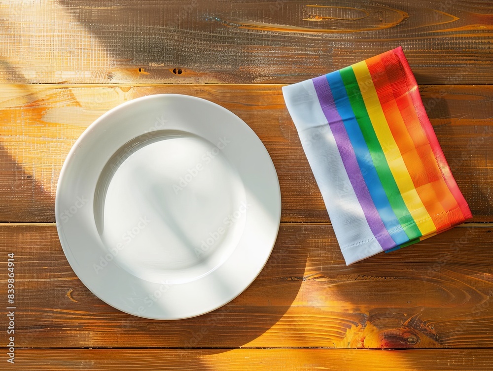 Sticker empty plate and rainbow napkin on wooden table