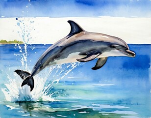 Obraz premium Watercolor painting of a playful dolphin leaping out of the water