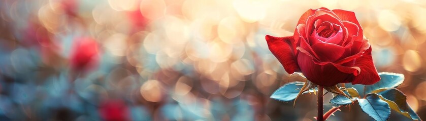 A red rose is the main focus of the image, with a blue background and a blurry effect. The rose is the center of attention and the blue background adds a calming and serene atmosphere to the scene