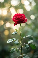 Obraz premium A red rose is the main focus of the image, with a blue background and a blurry effect. The rose is the center of attention and the blue background adds a calming and serene atmosphere to the scene