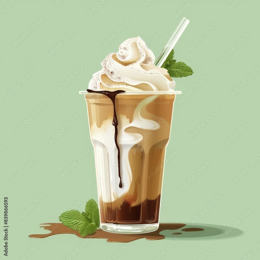 Wall mural Delicious chocolate milkshake with whipped cream and mint leaves