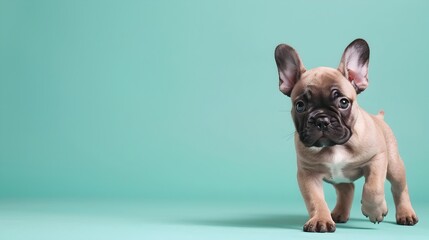 Adorable French Bulldog Puppy Posing on Turquoise Background