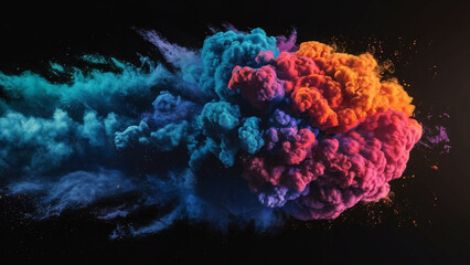 An explosion splash of colorful powder, an abstract splatter of colored dust powder.