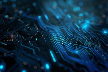 Glowing light blue neon chip with thin circuit contact lines. Abstract digital tech background in monochrome blue. Semiconductor on a board