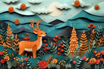 Paper art 3D forest with tall trees and wildlife, Soft pastels, Layered textures, Peaceful woodland landscape