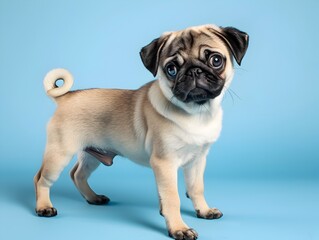 Obraz premium Cute Pug Puppy Standing on Plain Blue Background with Clear Space