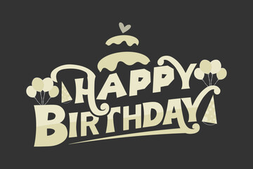 Happy birthday typography text vector. Birthday party element design with birthday cake, hat and balloons.
