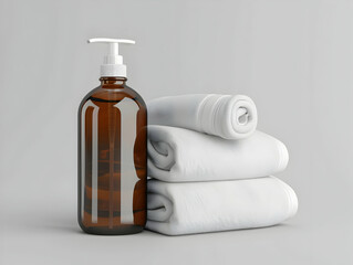 3D Liquid soap bottle with towels mockup