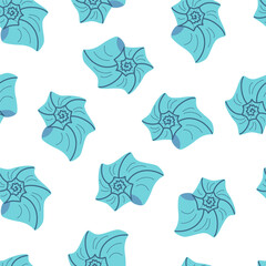 Cute marine seamless pattern with seashells in cartoon design. Flat vector illustration.
