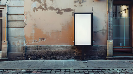 Outdoor mockup of a blank information poster on patterned paving-stone an empty vertical street banner template in an alley billboard placeholder mock-up on a city boulevard in an