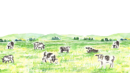 水彩で描いたのどかな牧草地と牛の風景イラスト