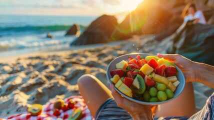 Person holding fruit bowl on beach at sunset