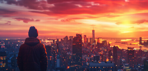 Individual observes vibrant city skyline during stunning sunset