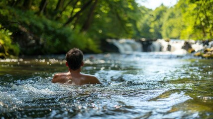 Fototapeta premium Man swimming in forest river near waterfalls