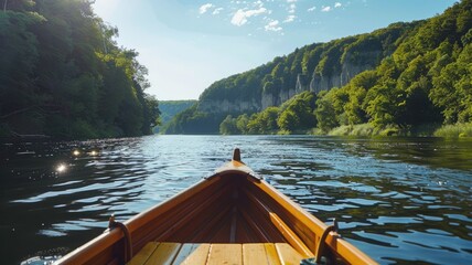 Wooden boat on serene river flanked by lush green cliffs under clear blue sky Afternoon light with...