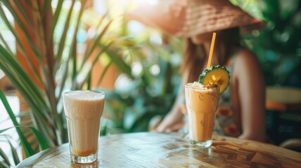 Naklejka premium Woman in straw hat with tropical smoothies sunny cafe