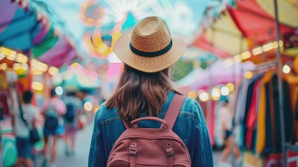 Obraz premium Woman with backpack explores vibrant, colorful market bright lights and stalls