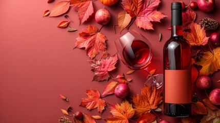 an autumn-themed wine promotion background featuring a bottle of wine, a glass, and fall leaves.