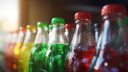 A row of soda bottles with different colored lids. The bottles are lined up next to each other