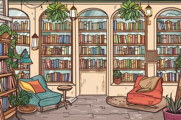 Cartoon cute doodles of a cozy bookstore on a quiet street, with shelves full of books and comfy chairs, Generative AI