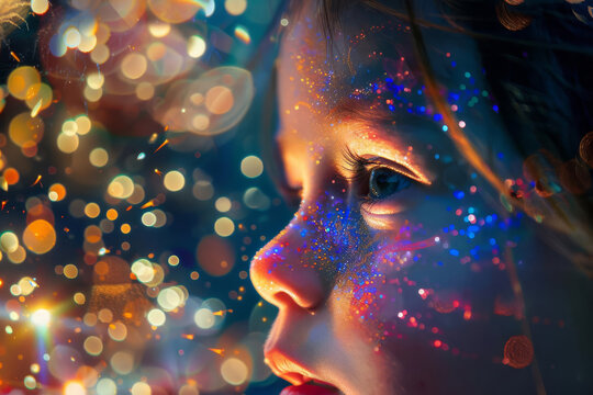 Close-up of a child's face with sparkling lights, conveying wonder and imagination.