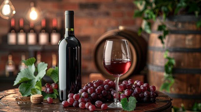 elegant wine ad backdrop with a wine bottle and glass set against a rustic wooden barrel background. 