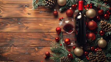  festive wine promotion background with a wine bottle, glass, and holiday decorations like ornaments and pine cones. 