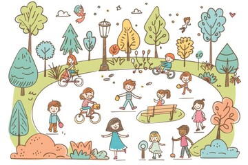 Fototapeta premium Cartoon cute doodles of a charming park with children playing and couples strolling, Generative AI