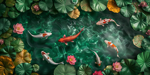 koi fish swimming in an emerald green pond surrounded by lotus leaves and pink flowers, generative AI